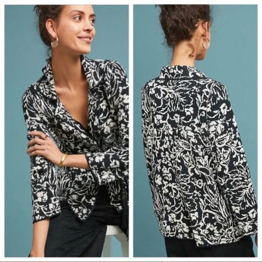 Ett:twa By Anthropologie Intarsia Reversible Cardigan Sweater Black xs